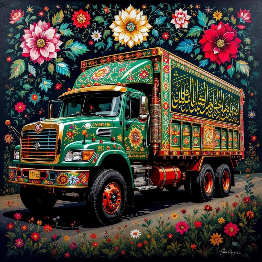 Vibrant Pakistani Truck Art with Floral & Calligraphy Motifs