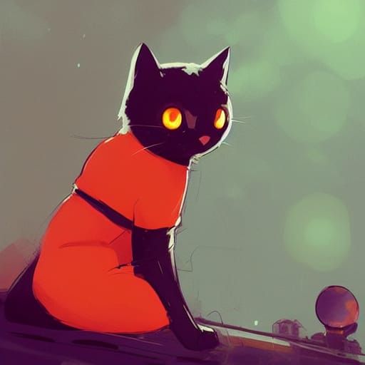 Adorable Black Cat in Orange, Ghibli Style