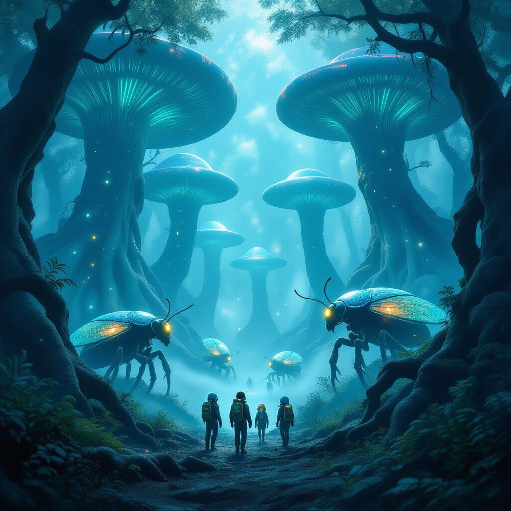 Mystical Forest with Bioluminescent Fungi in Studio Ghibli S...