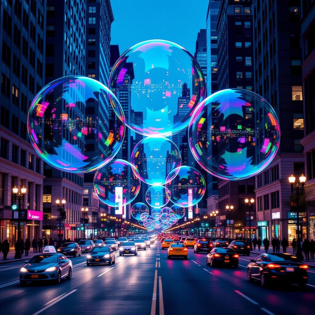 Surreal Cityscape: Giant Bubbles Reflecting Urban Life