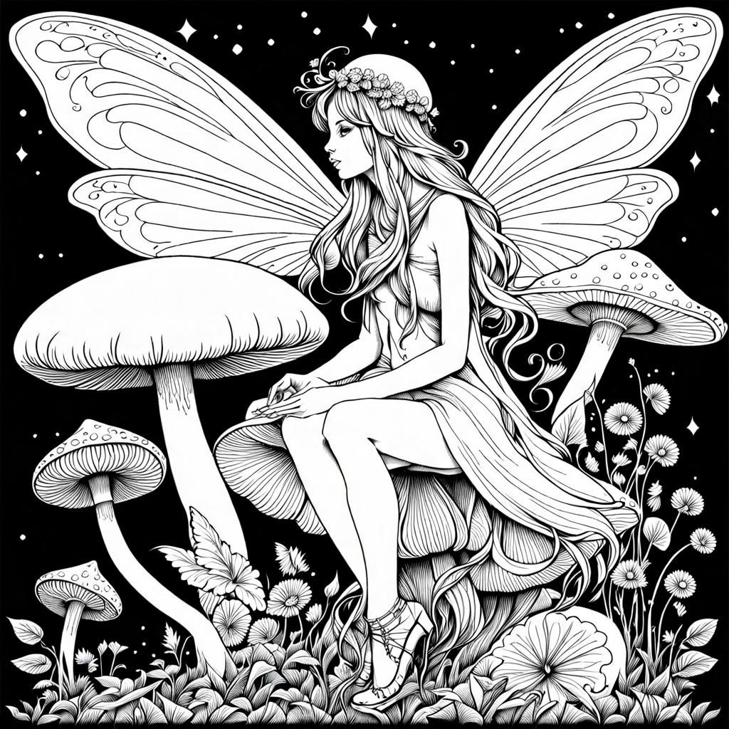 Intricate Fairy Sitting on Mushroom Line Art