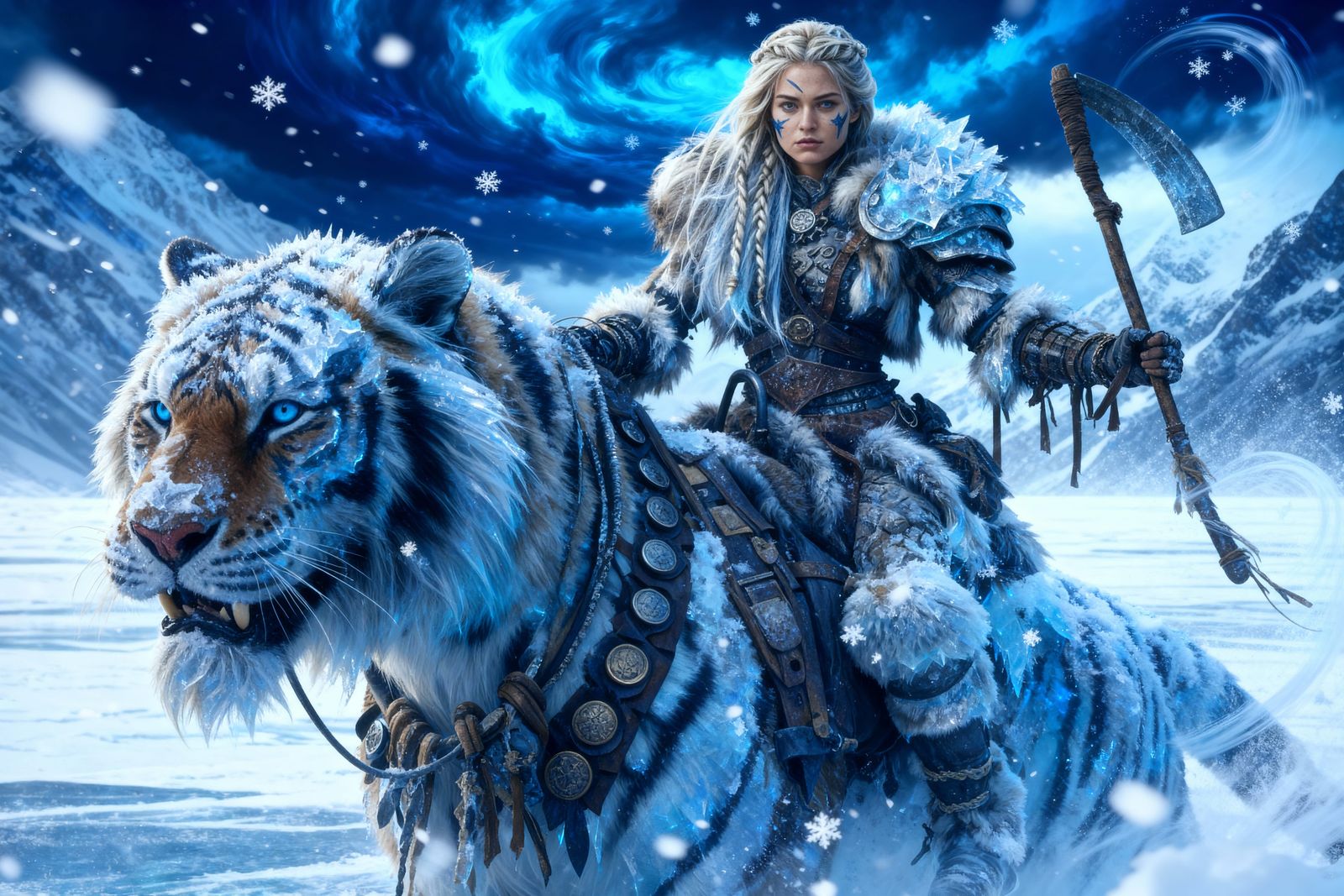 Female Warrior Rides Saber-Toothed Tiger Across Snowy Field