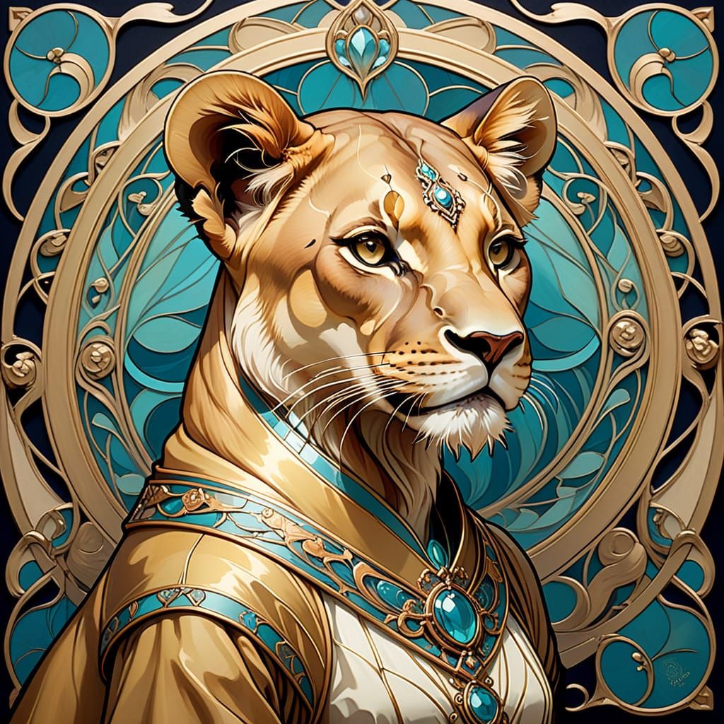 Regal Lioness Portrait in Art Nouveau Style