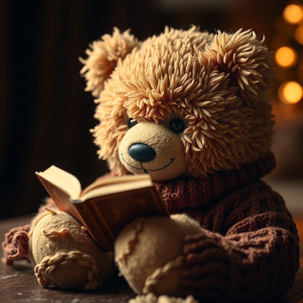 Fluffy Teddy Bear Reading Story, Photorealistic Close-Up