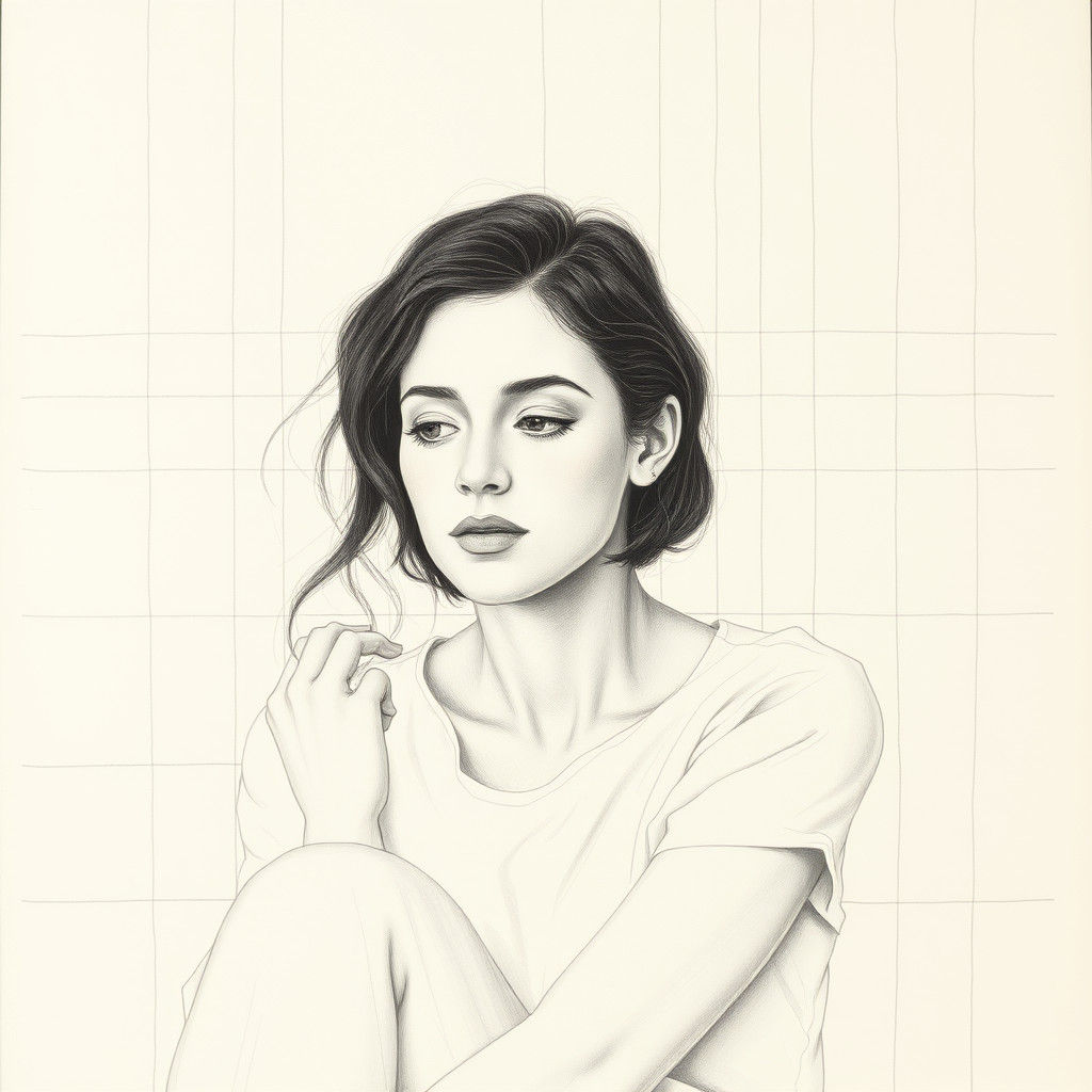 Contemplative Portrait with Minimalist Grid Patterns