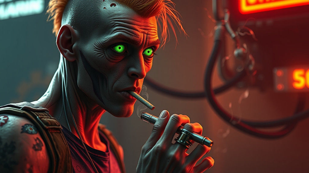 Mutant and AI Converse in Cyberpunk Cityscape