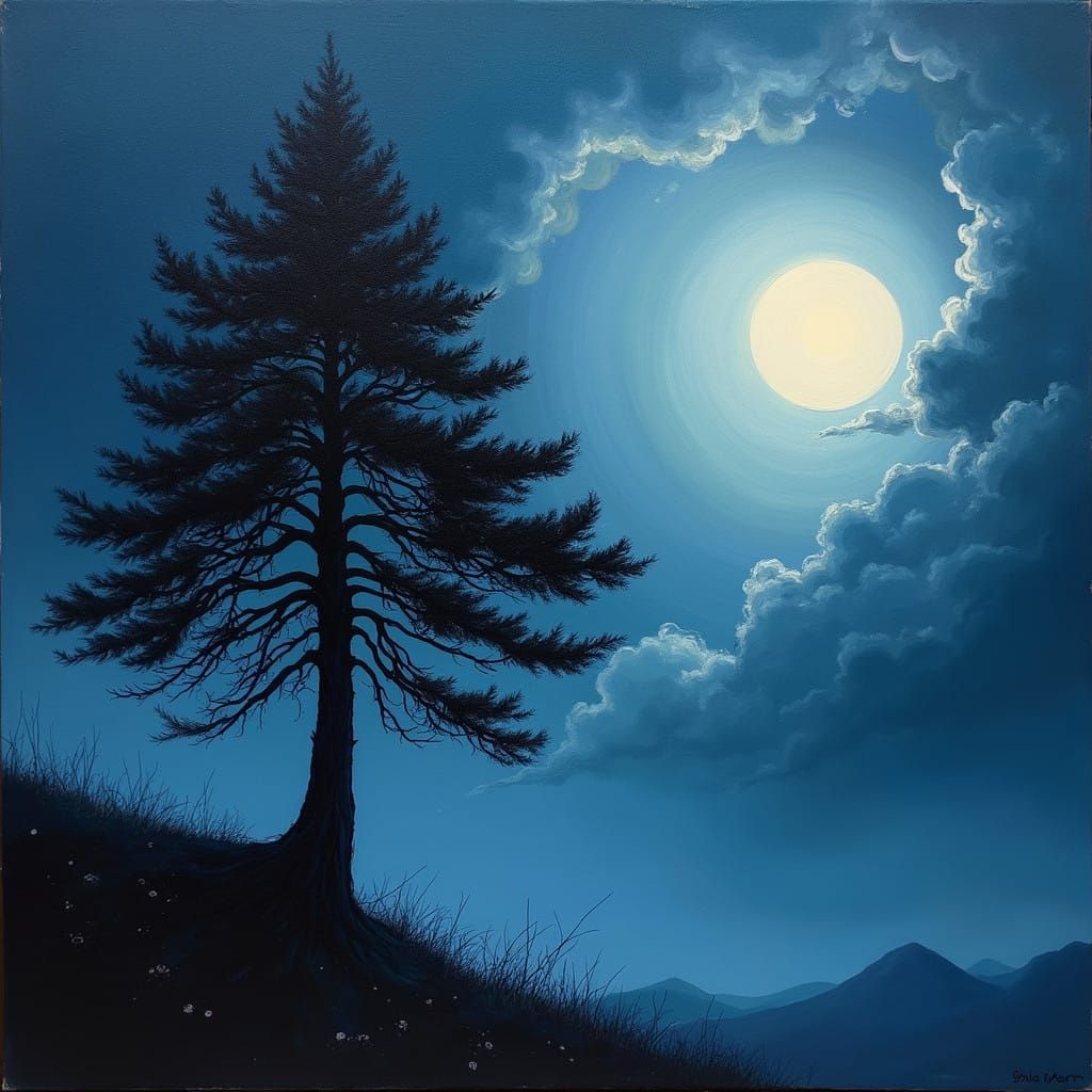 Majestic Black Cypress Tree Under Moonlit Sky