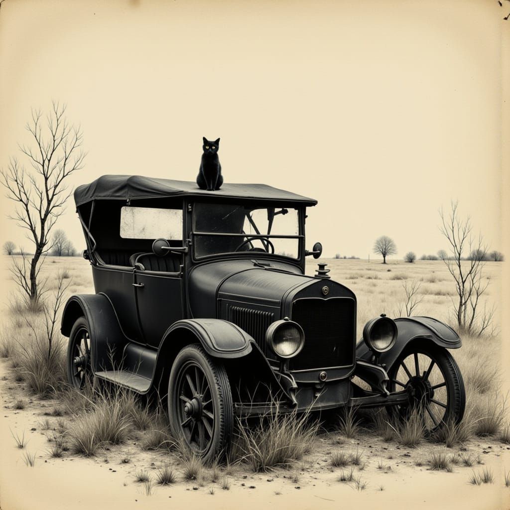 Abandoned Black Model T Car with Cat in Dusty Field