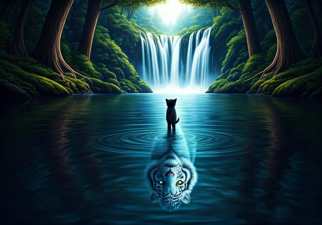 White Tiger Reflection with Kitten in Dreamy Forest