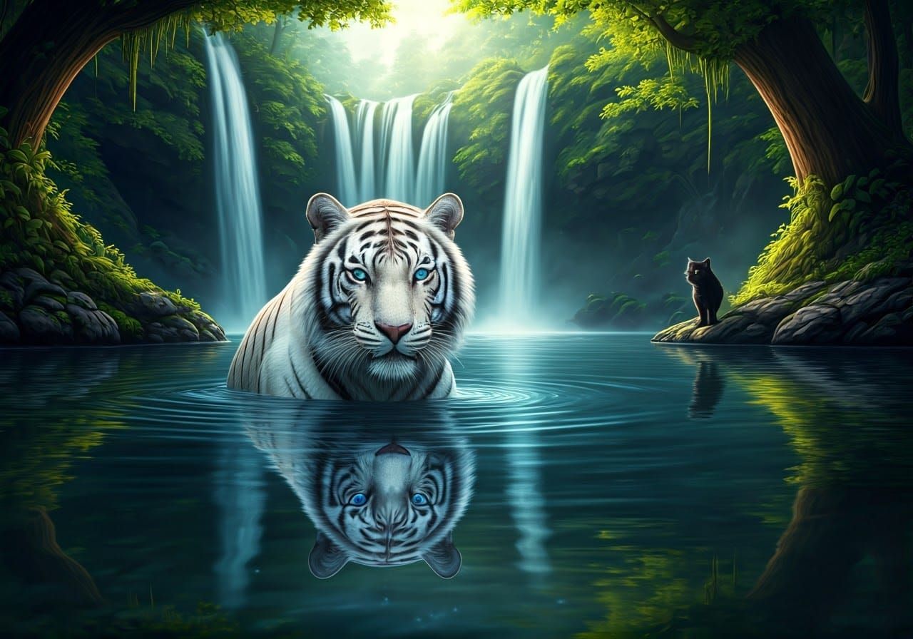 White Tiger and Kitten Reflection in Forest Lake