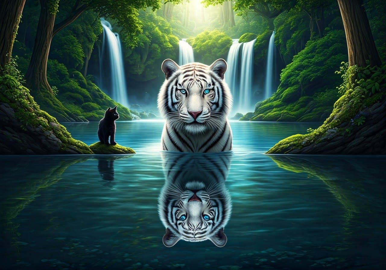 White Tiger and Kitten Reflection in Lake