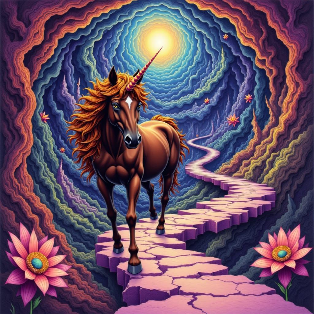 Surreal Unicorn in Impossible Landscape with Neon Glow
