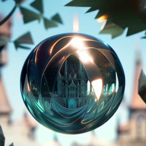 Ethereal Castle in Glass Sphere: 3D Render