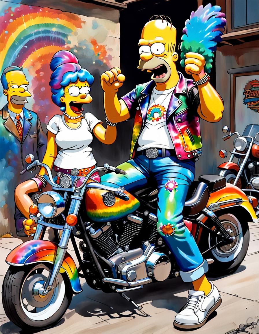 Homer and Marge on Motorcycle as Oil Painting