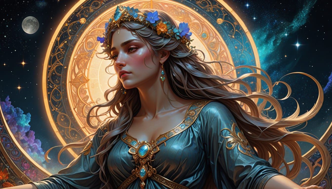 Celestial Goddess on Crescent Moon in Ethereal Light