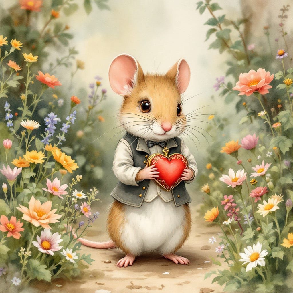 Mouse with Heart Locket in Beatrix Potter Style