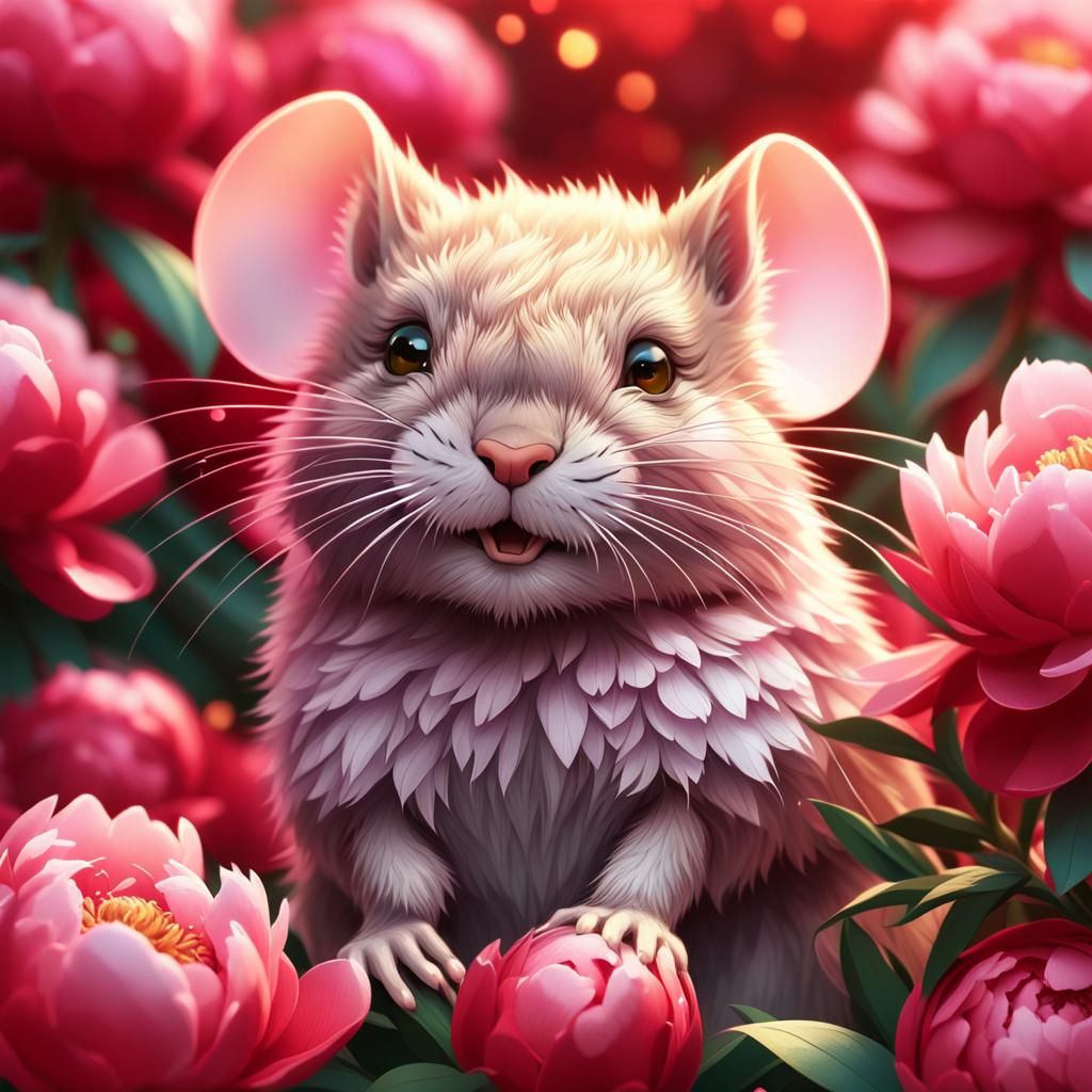 Happy Mouse in Peonies, 3D Anime Art