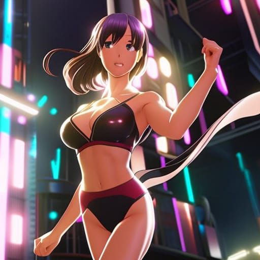 Japanese Anime Female Muscle Competitor in Pink Bikini