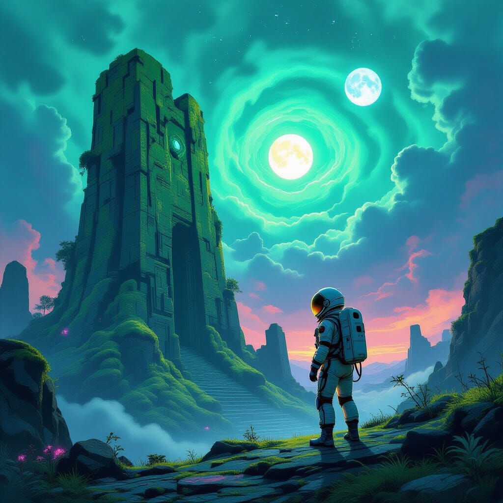 Astronaut Explores Ancient Alien Ruins Under Nebula Sky