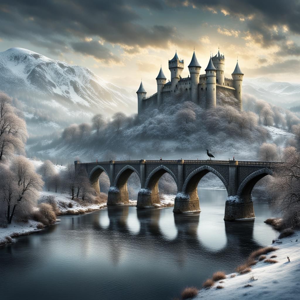 Medieval Bridge in Winter Landscape Digital Painting
