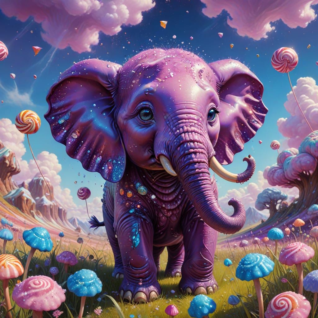 Psychedelic Chibi Elephant in Candyland Meadow