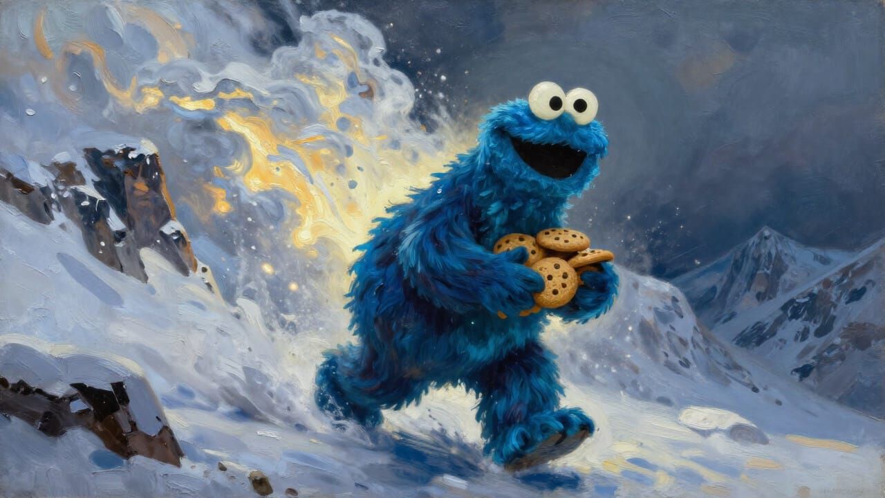 Bioluminescent Cookie Monster Flees Avalanche in Oil Paintin...