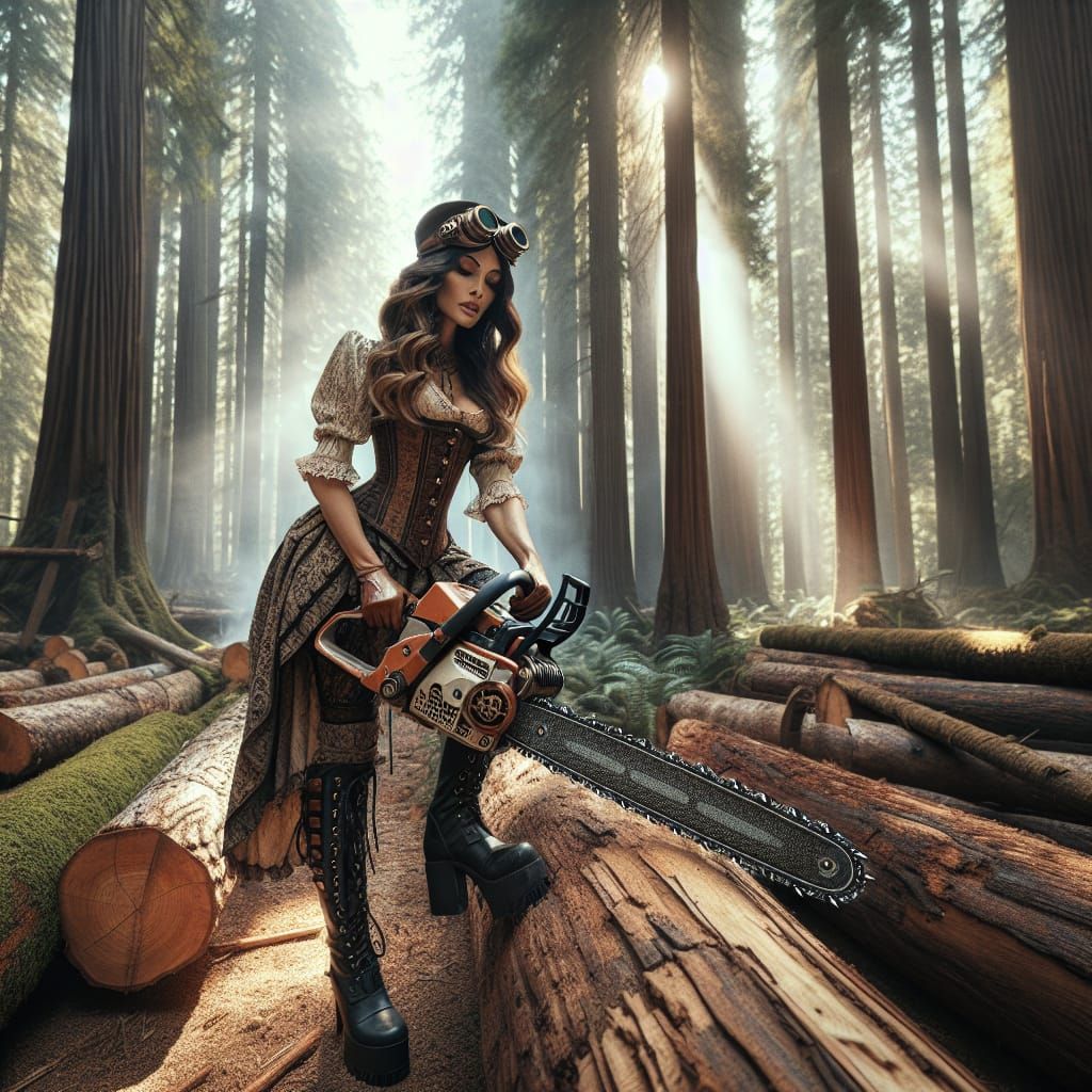 Steampunk Logger Woman Cutting Log with Chainsaw
