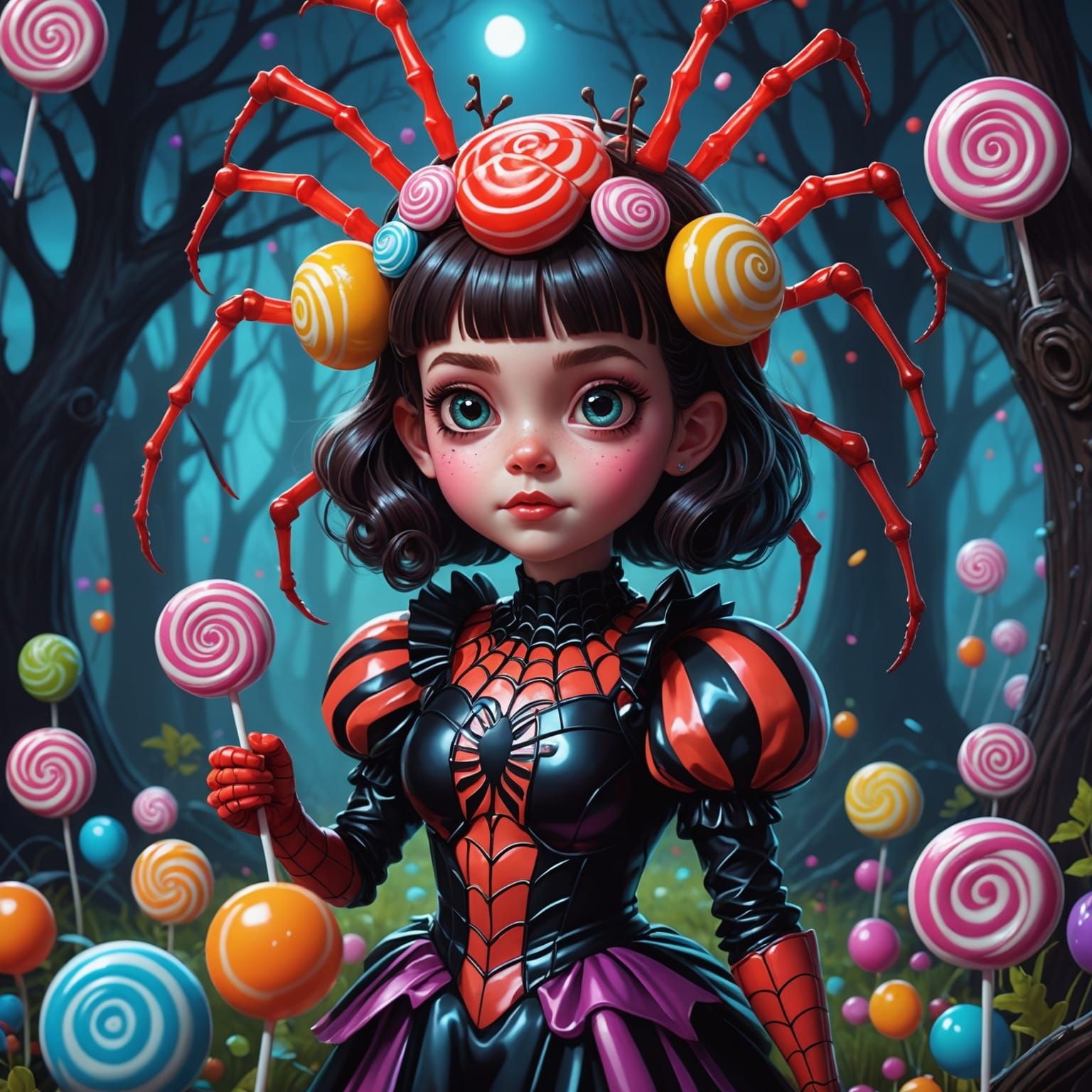 Candy Spider Girl in Spooky Candyland: Digital Illustration