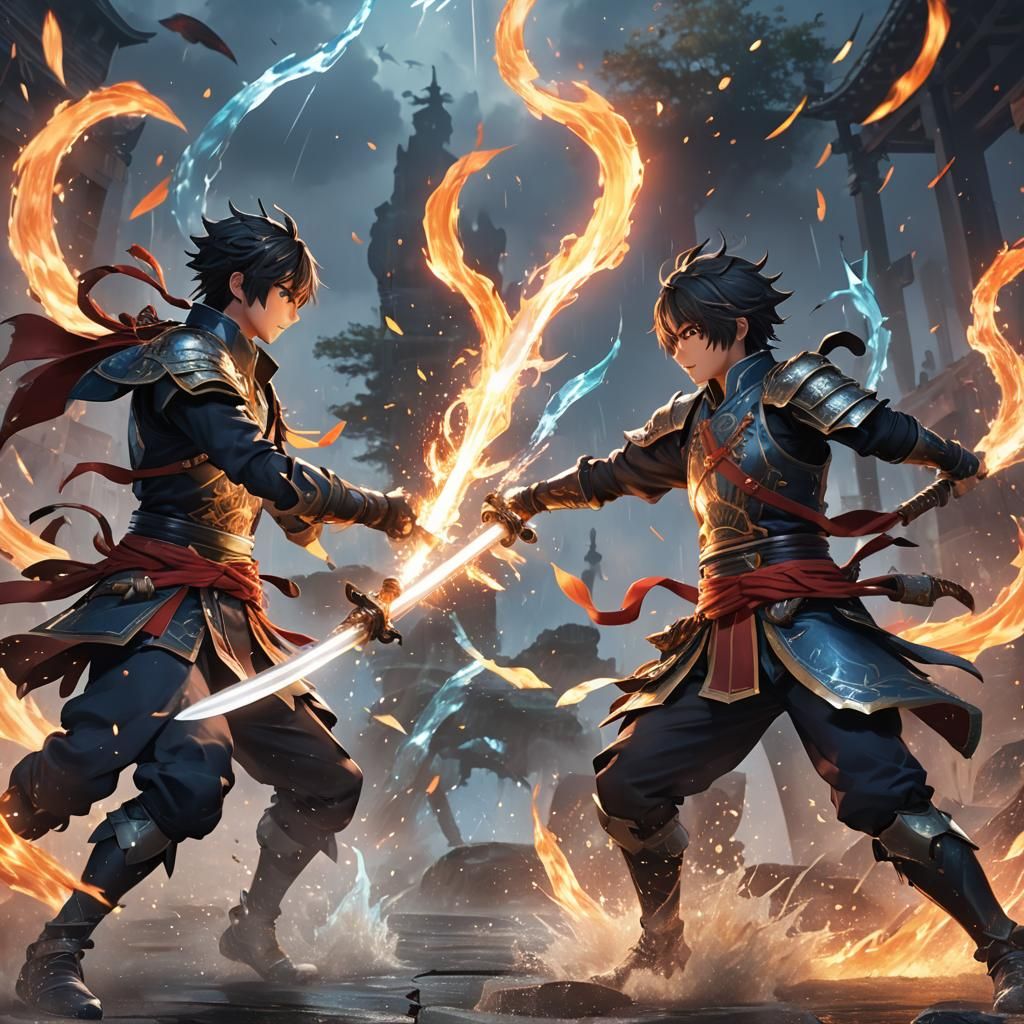 Epic Anime Sword Fight in Moonlit Arena