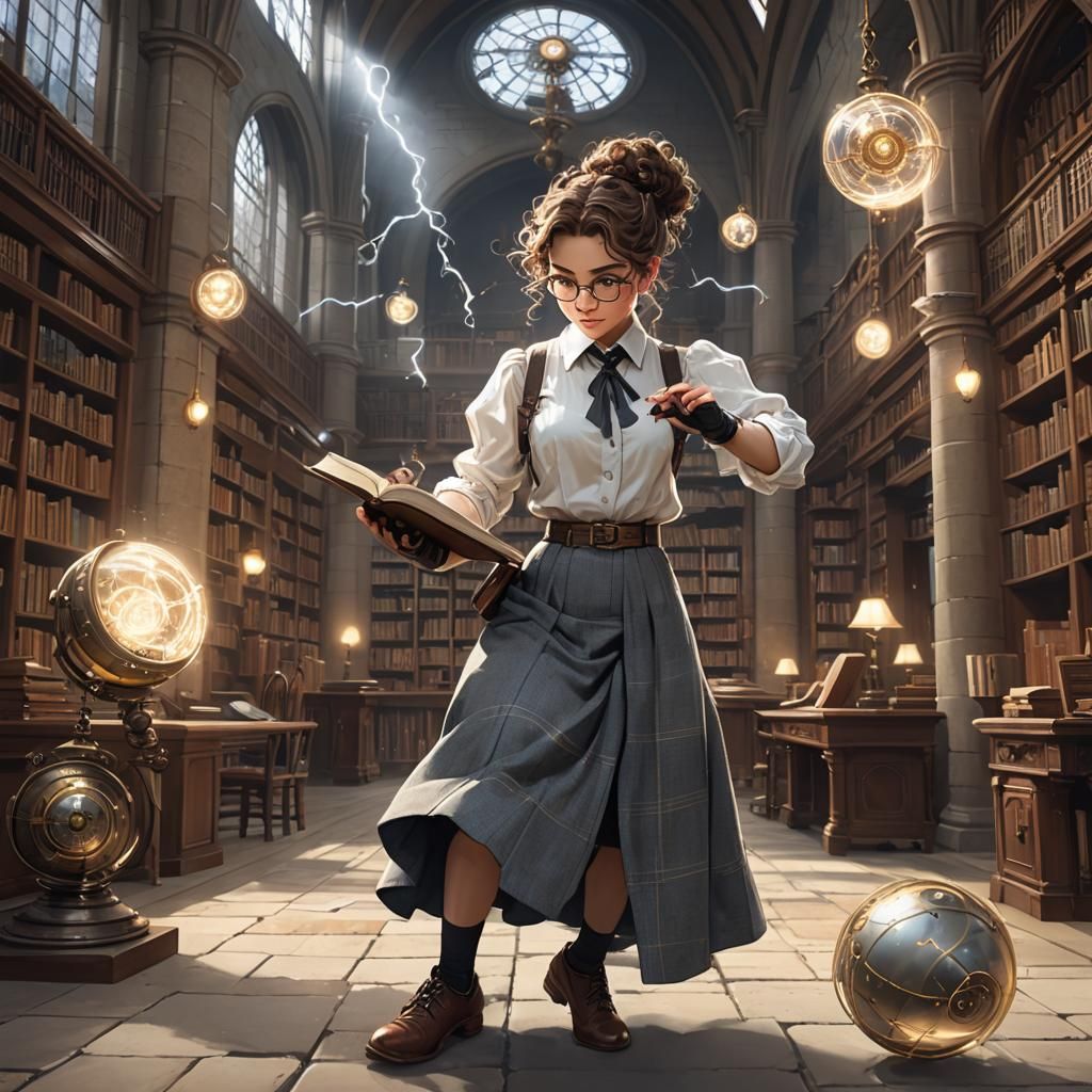 Steampunk Librarian Studying in Fantasy Castle Library