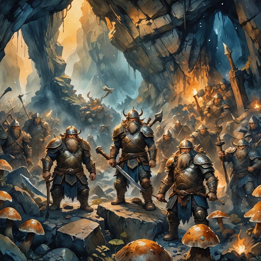 Dwarf Warriors in Misty Cave: Watercolor Art