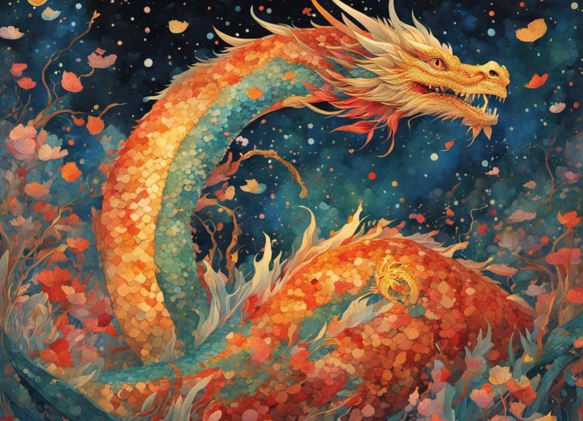 Confetti Dragon in Manga Watercolor Style