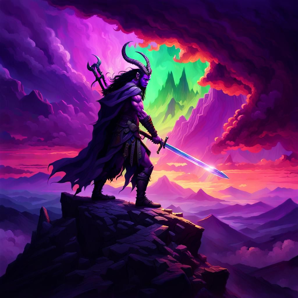 Mystical Tiefling Barbarian on Mountain Peak