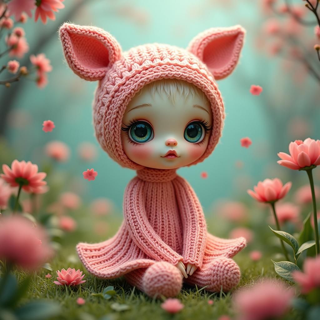 Knitted Doll in Cherry Blossom Dreamscape