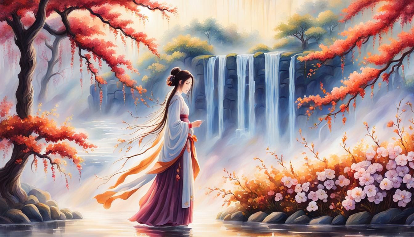 Asian-Style Painting of Crying Woman with Plum Blossoms