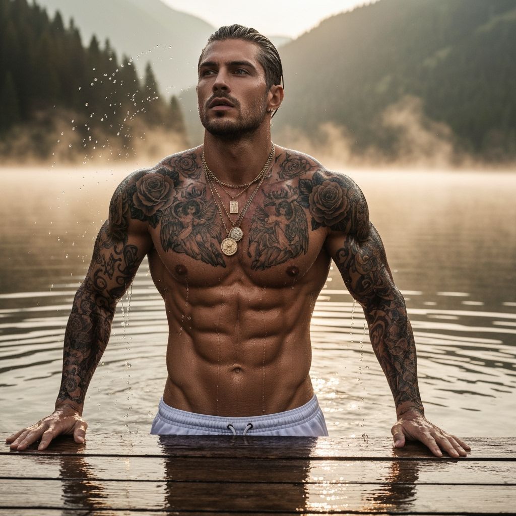Muscular Man Emerges from Alpine Lake at Dawn