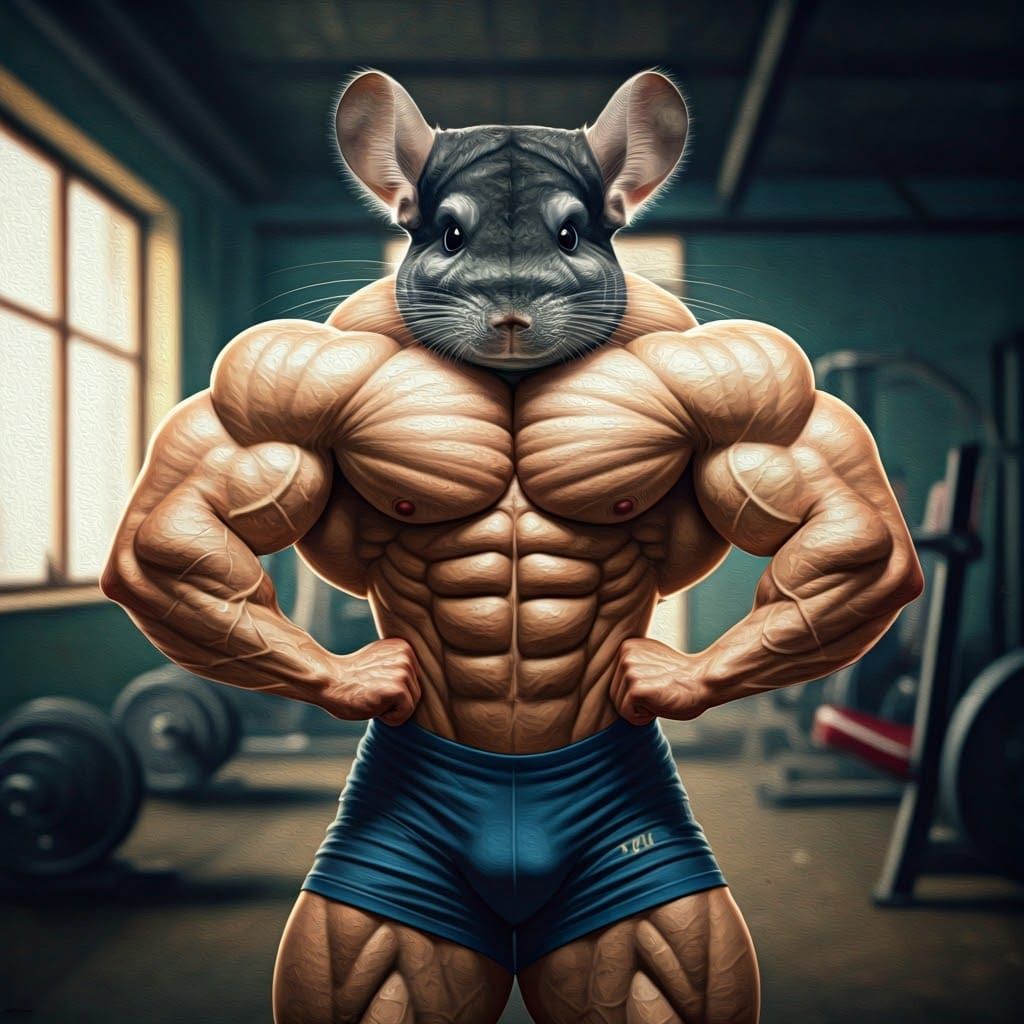 Muscular Chinchillas Posing in Expressionist Gym