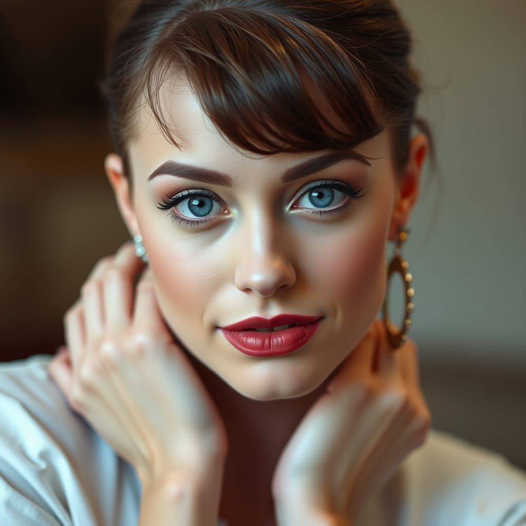 Charming Woman Portrait with Blue Eyes and Evening Makeup
