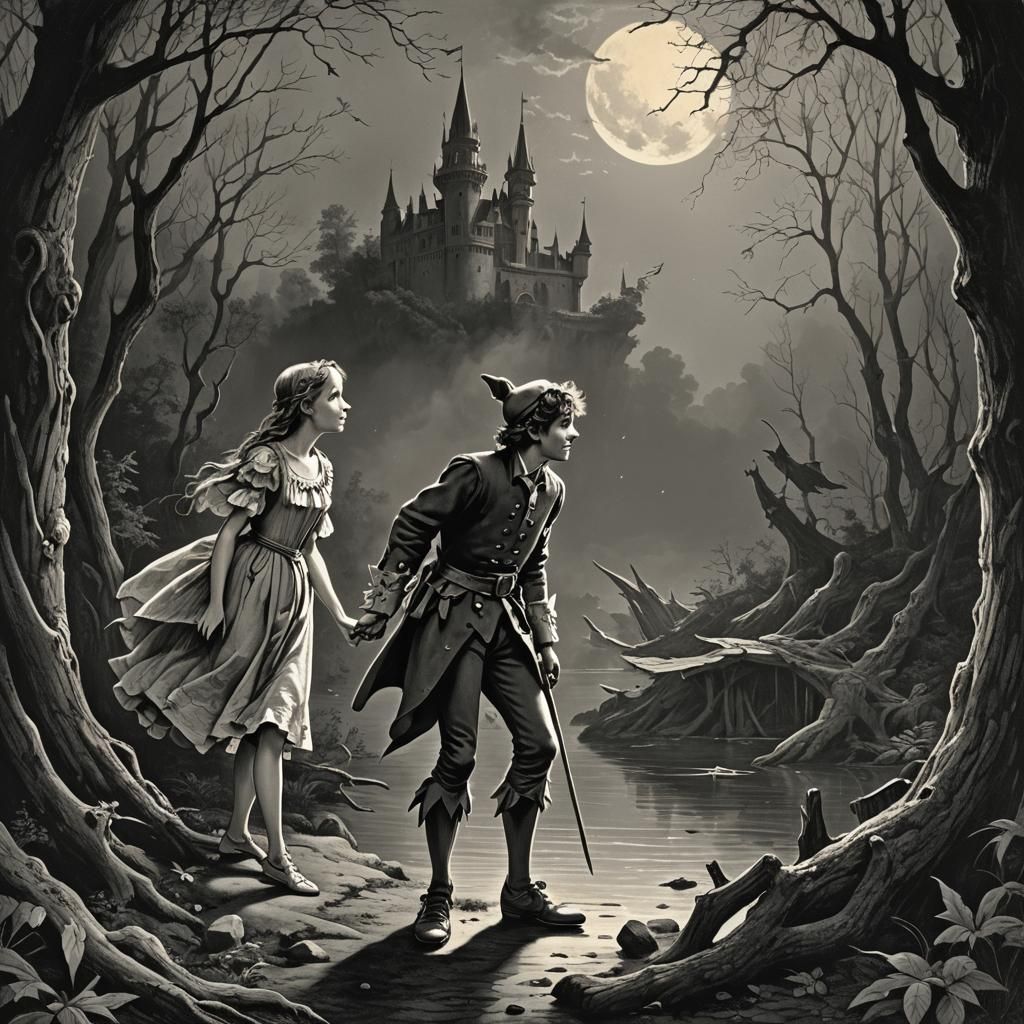 Dark Peter Pan Tempts Wendy to Neverland