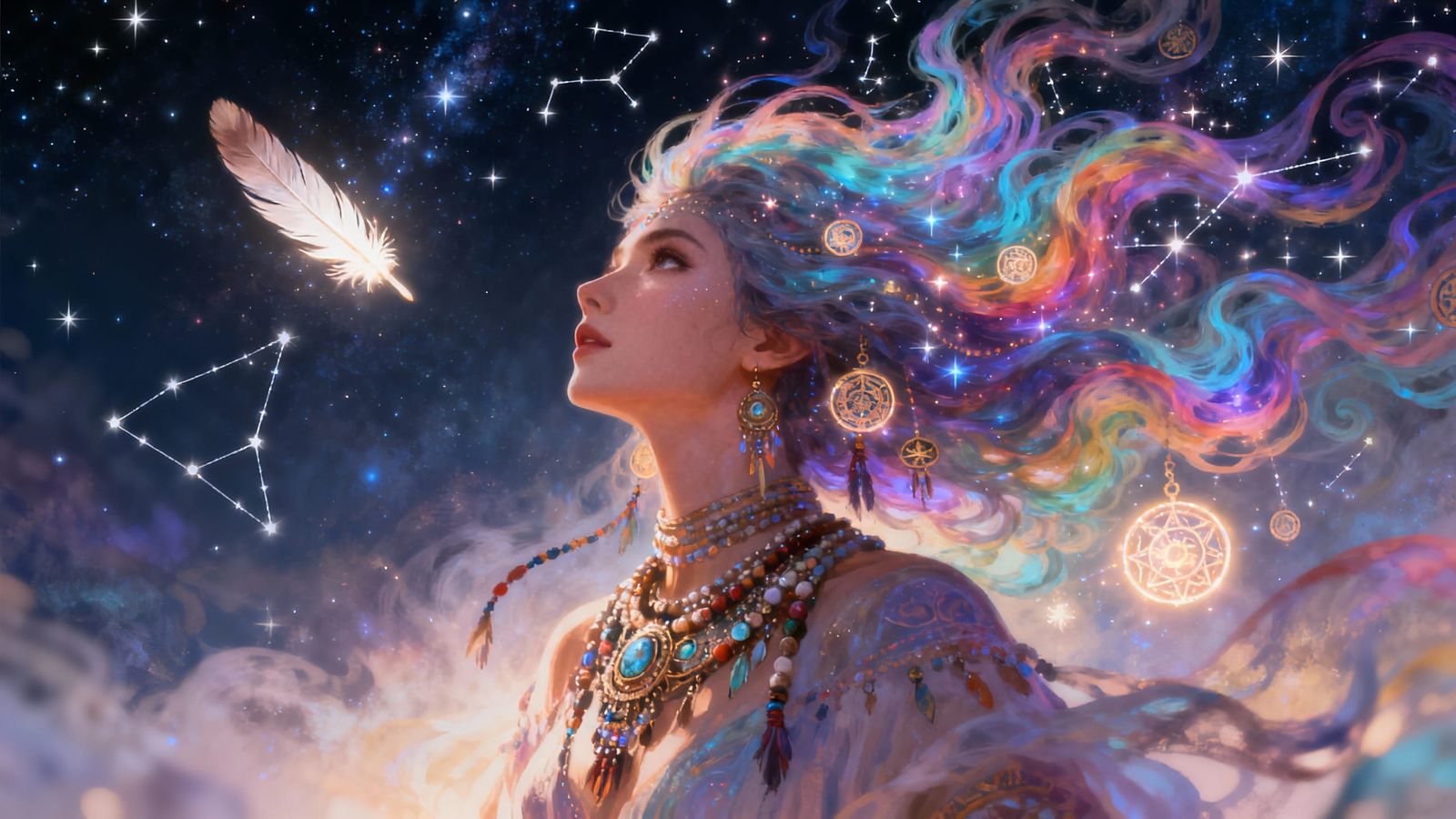 Cosmic Shamaness with Smoke Hair and Feather