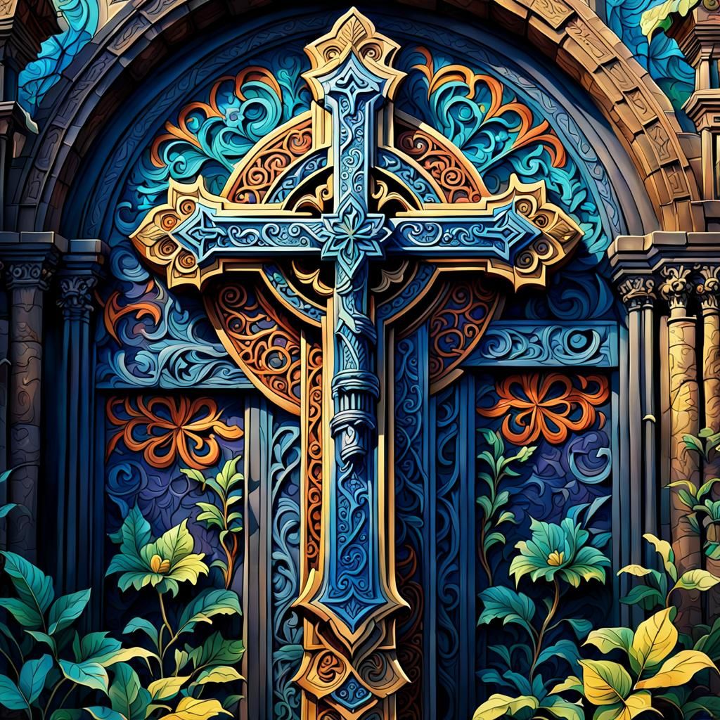 Detailed Christian Cross Coloring Page Art