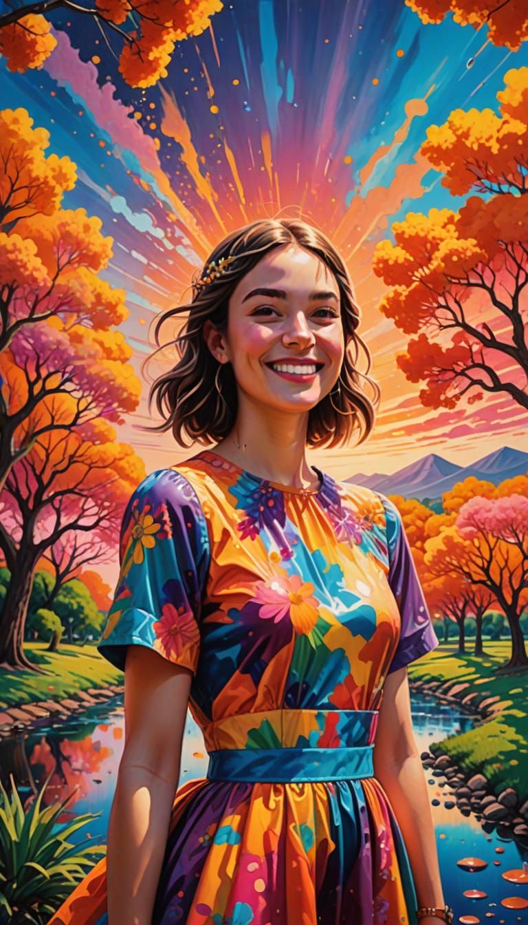 Whimsical Girl Amidst a Vibrant Marmalade Sky