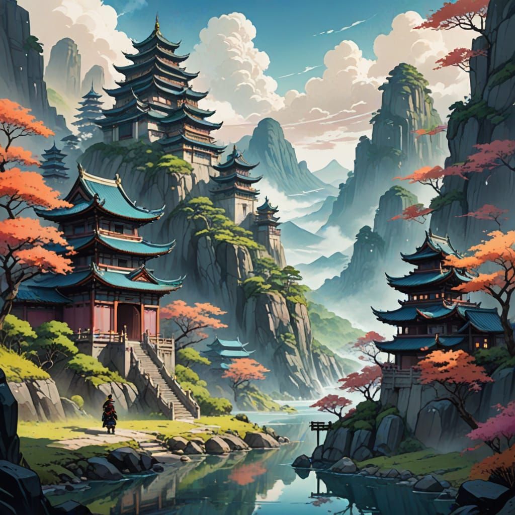 Majestic Anime Warrior in Eastern Fantasy Landscape