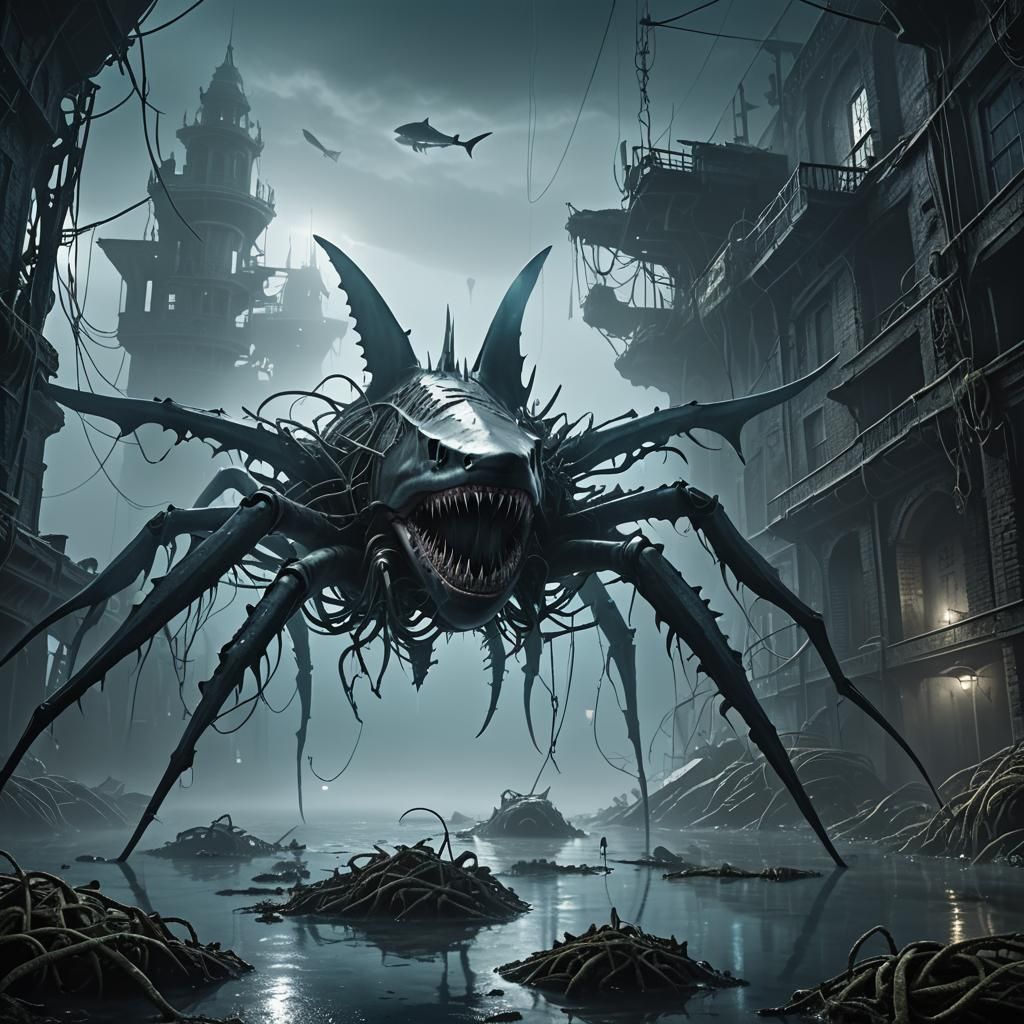 Eerie Shark Spider Crawling Through Underwater City