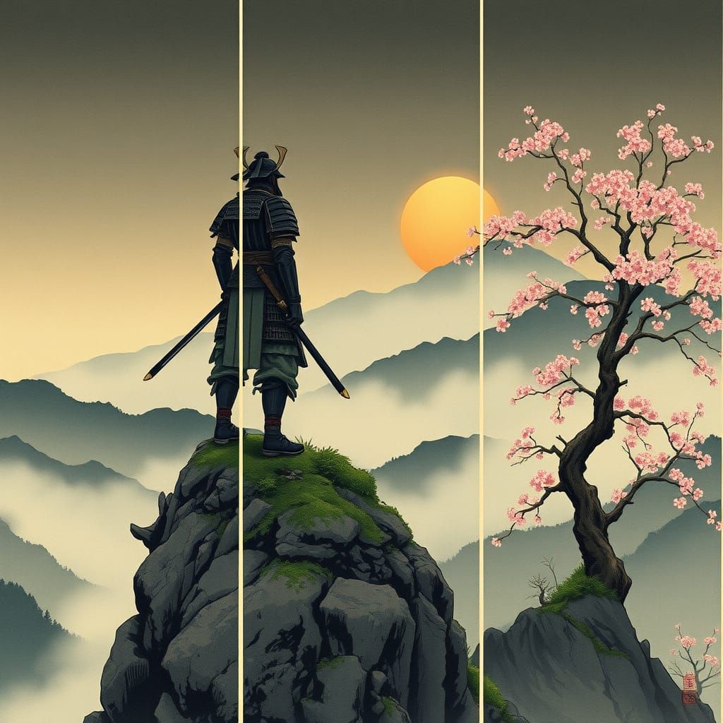 Stoic Samurai at Dawn in Traditional Japanese Woodblock Styl...