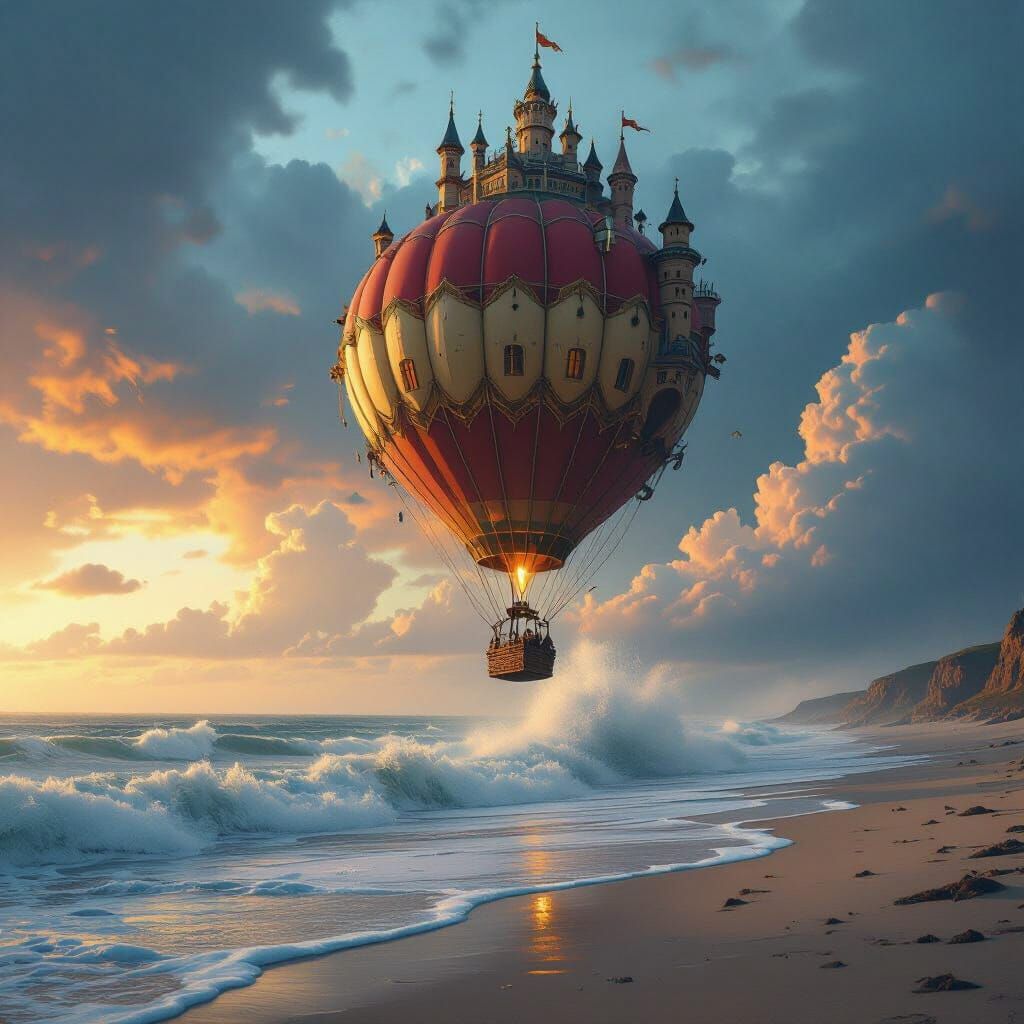 Castle Hot Air Balloon Rises Above Stormy Beach