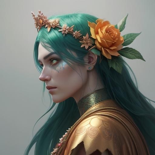 Rose Gold Woman with Peacock Feathers, Fantasy Art