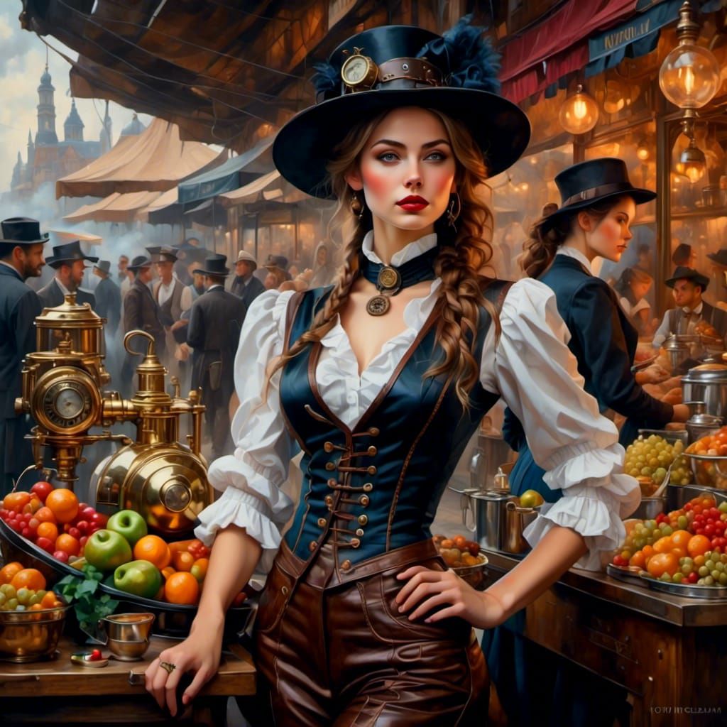 Steampunk Woman in Bustling Metropolis, Dutch Golden Age Sty...