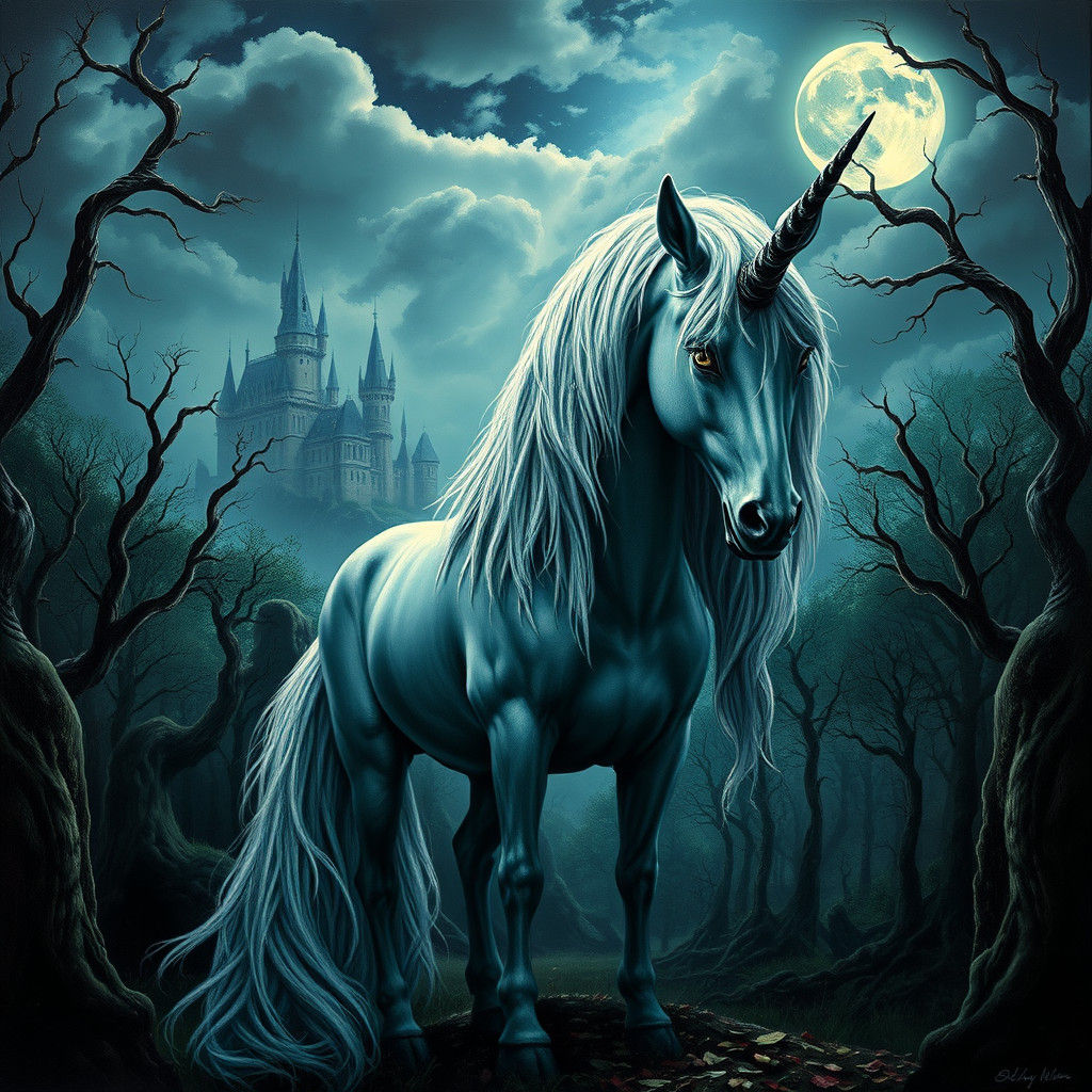 Sinister Unicorn in Eerie Forest: Surreal Painting