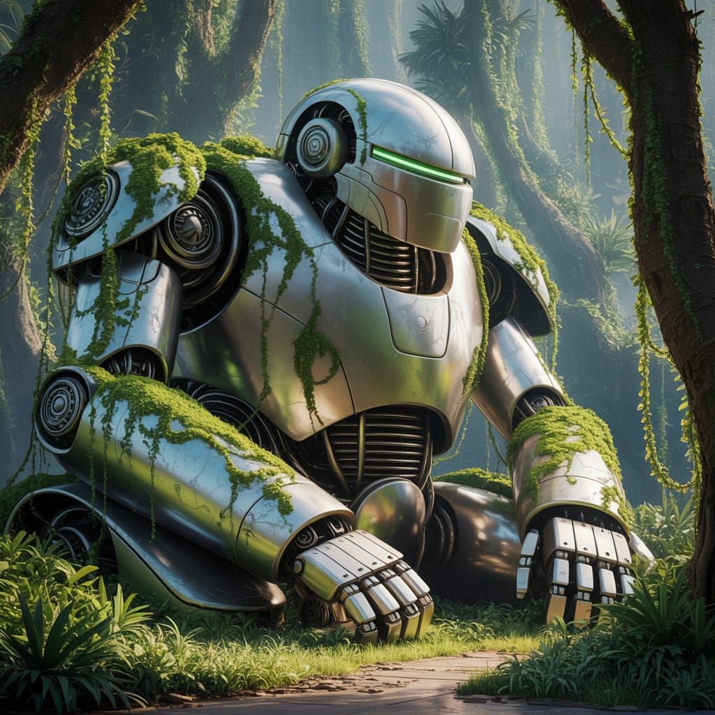 Ancient Robot Reclaimed by Nature in Impressionist Style